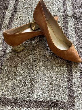 Ann Taylor Rust Suede Pointed Toe Heels with Gold Block Heel
